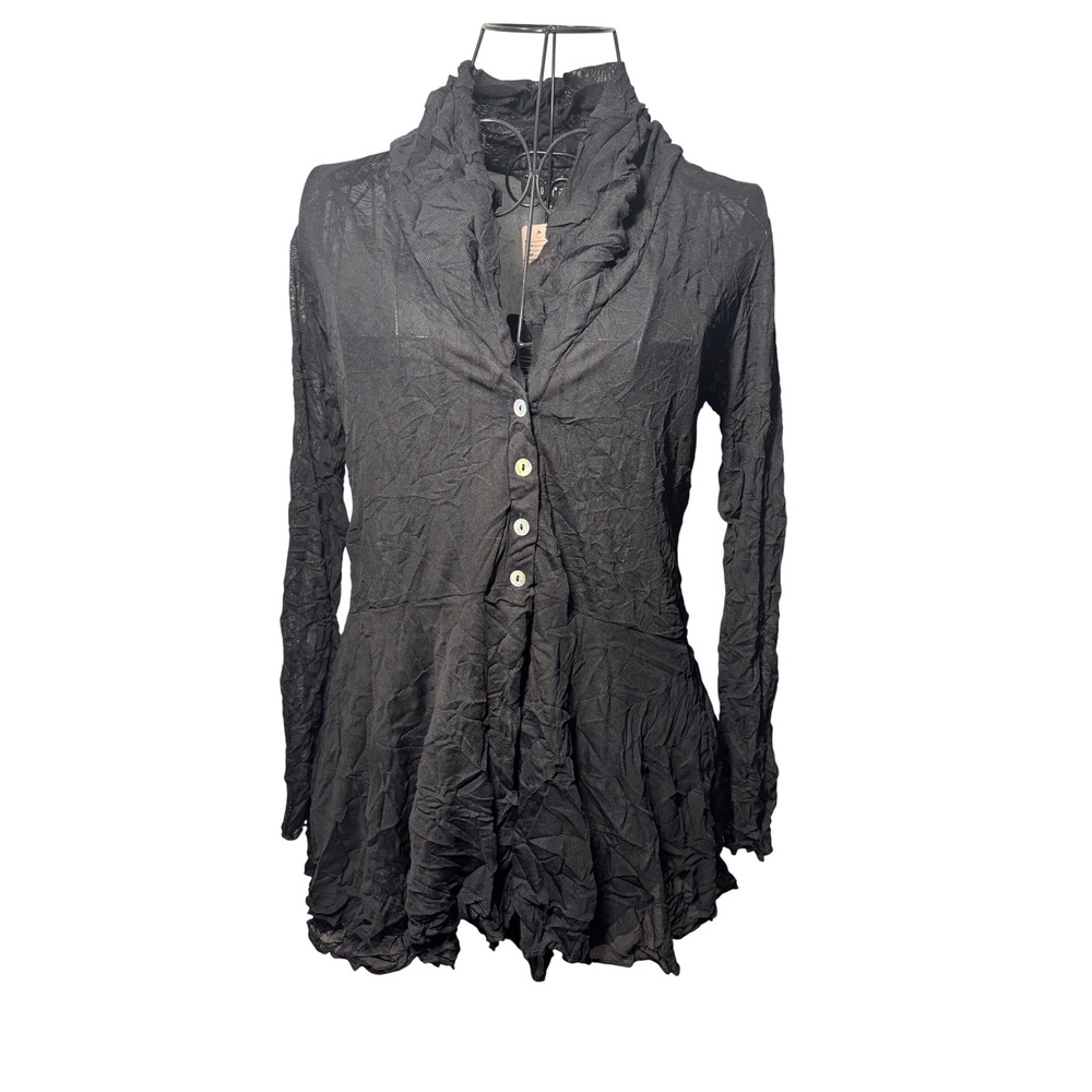 Comfy USA Black Crinkle Mesh Button Front Tunic Top XS